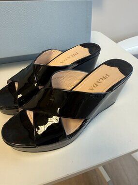 Prada Black Patent Leather Criss Cross Wedge Mule 37.5 Box Receipt Italy